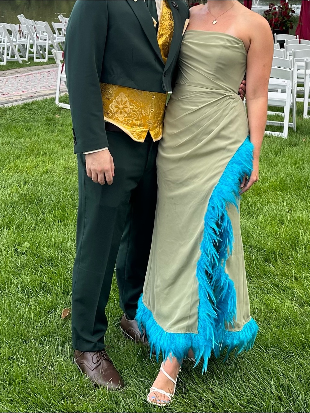 Sage Green Strapless Evening Gown with blue Feather Trim